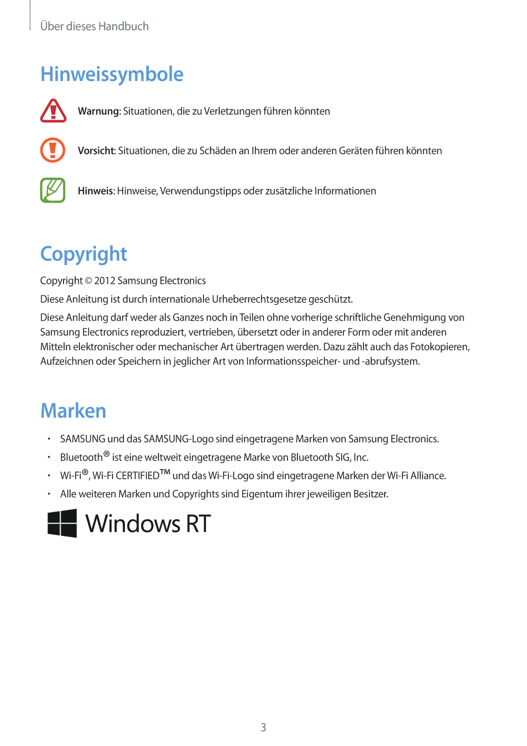 Samsung GT-P8510MSATPH, GT-P8510MSADBT, GT-P8510MSAATO manual Hinweissymbole, Copyright, Marken 