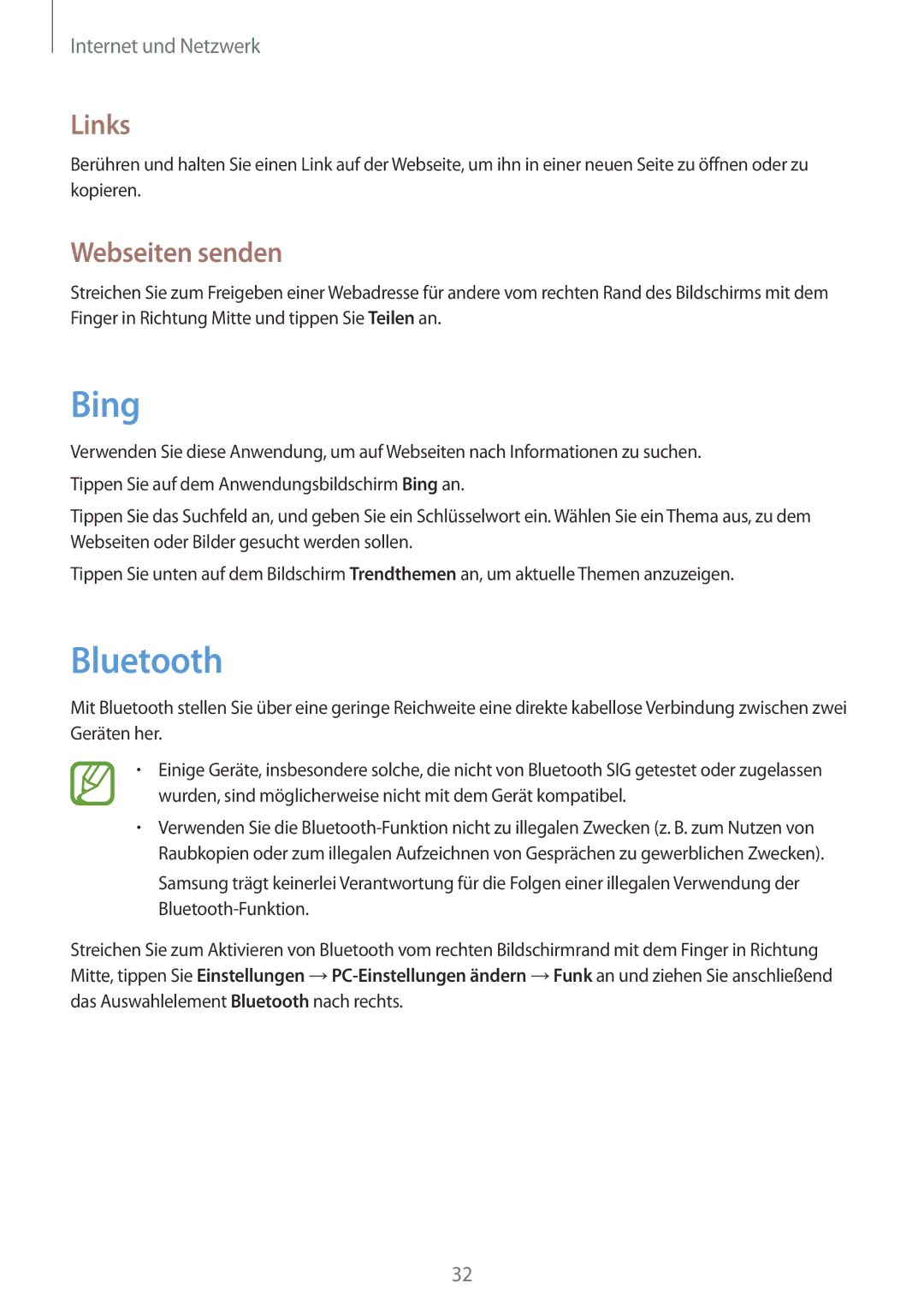 Samsung GT-P8510MSAATO, GT-P8510MSATPH, GT-P8510MSADBT manual Bing, Bluetooth, Links, Webseiten senden 
