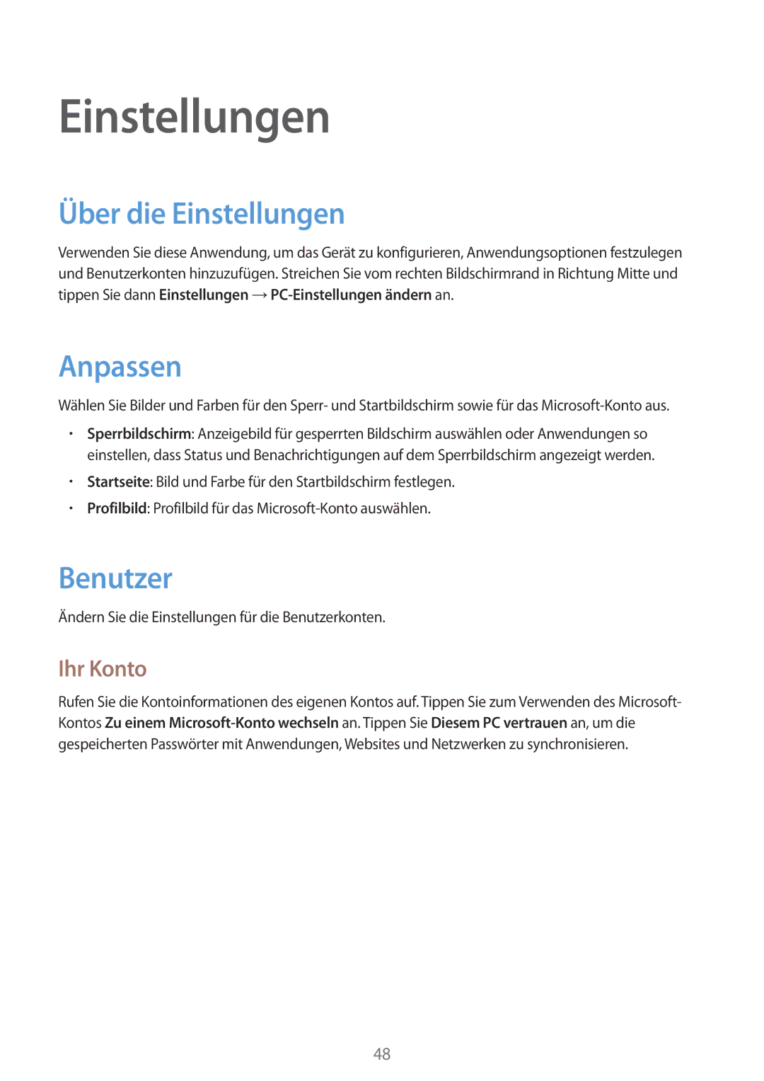 Samsung GT-P8510MSATPH, GT-P8510MSADBT, GT-P8510MSAATO manual Über die Einstellungen, Anpassen, Benutzer, Ihr Konto 