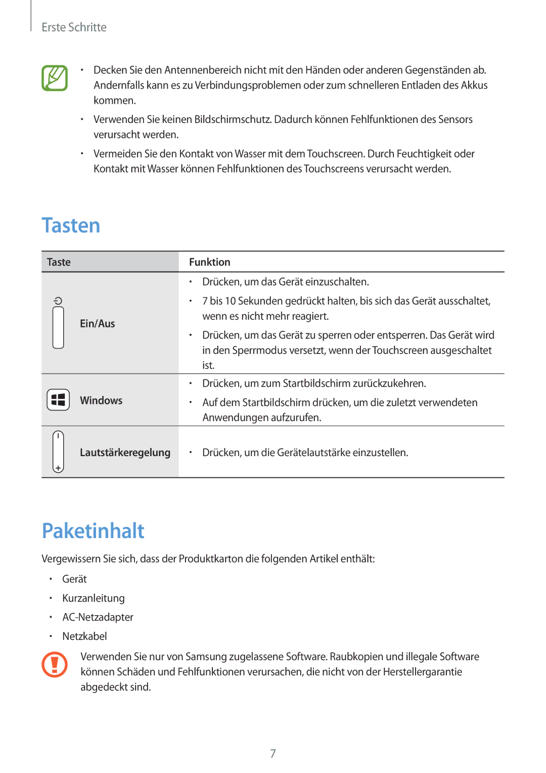 Samsung GT-P8510MSADBT, GT-P8510MSATPH, GT-P8510MSAATO manual Tasten, Paketinhalt 