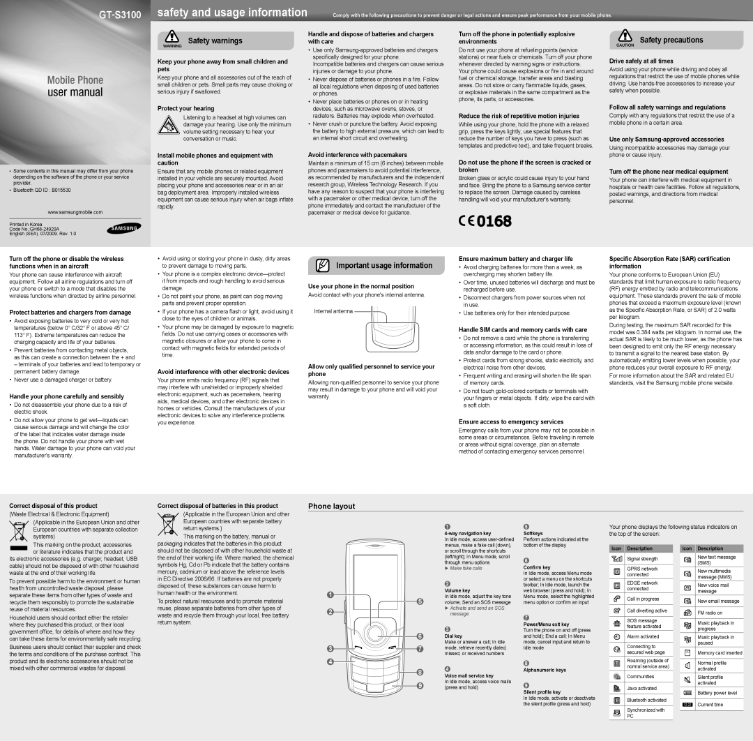 Samsung GH68-24920A, GT-S3100 user manual Phone layout 