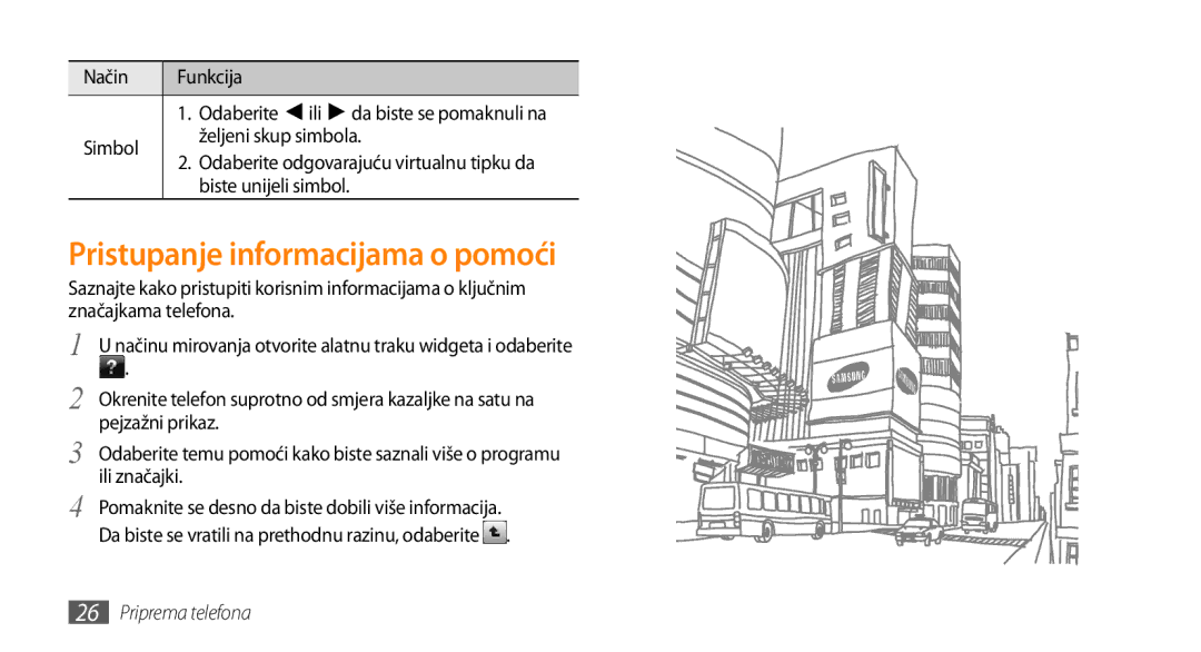 Samsung GT-S3370HSATRA, GT-S3370CWATWO Pristupanje informacijama o pomoći, Način Funkcija, Simbol Željeni skup simbola 