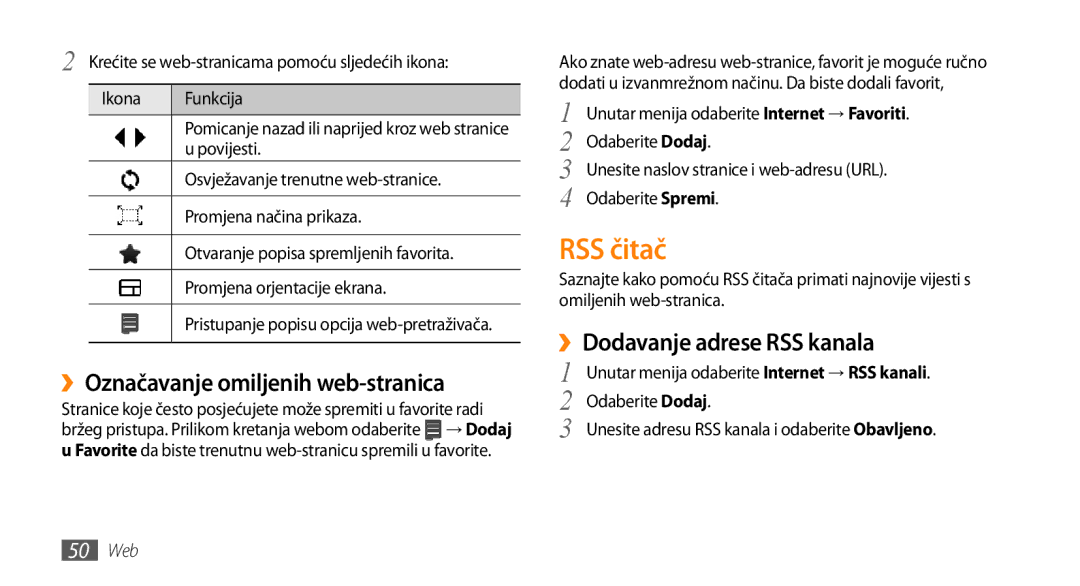 Samsung GT-S3370HSATRA, GT-S3370CWATWO manual RSS čitač, ››Označavanje omiljenih web-stranica, ››Dodavanje adrese RSS kanala 