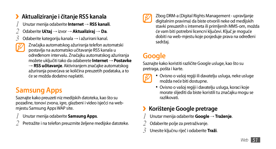 Samsung GT-S3370CWACRG manual Samsung Apps, ››Aktualiziranje i čitanje RSS kanala, ››Korištenje Google pretrage 