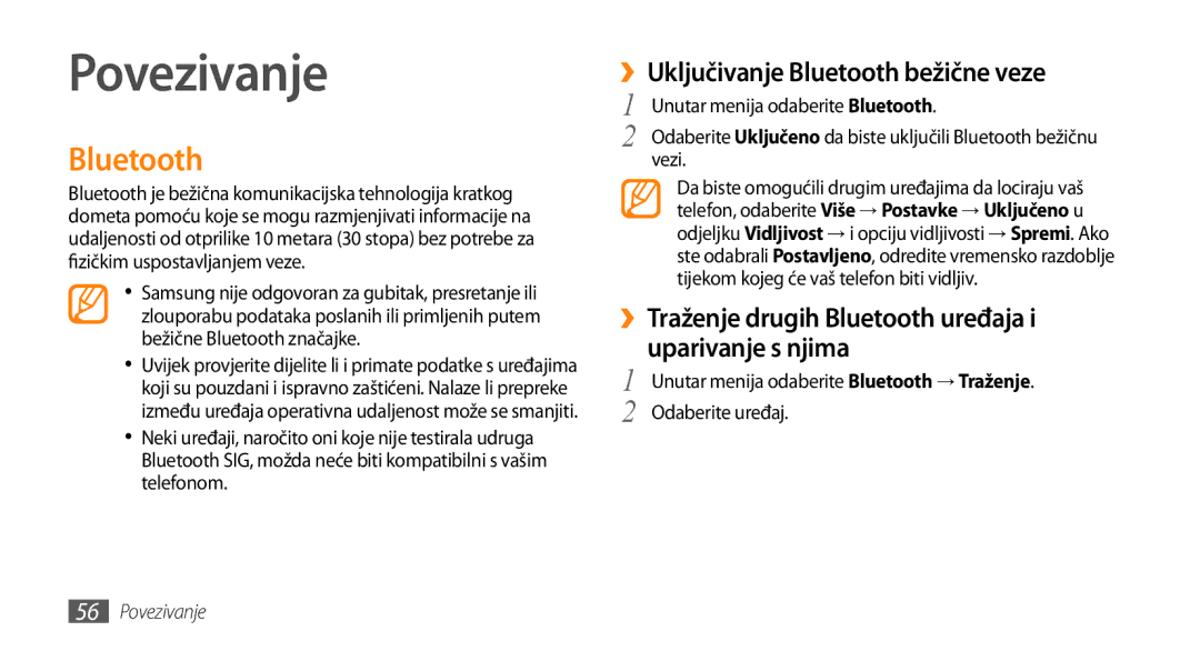 Samsung GT-S3370CWATWO, GT-S3370HSATWO, GT-S3370HSATRA manual Povezivanje, ››Uključivanje Bluetooth bežične veze 