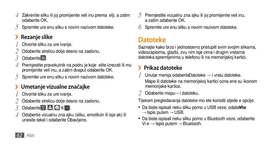 Samsung GT-S3370DIACRG, GT-S3370CWATWO manual Datoteke, ››Rezanje slike, ››Umetanje vizualne značajke, ››Prikaz datoteke 