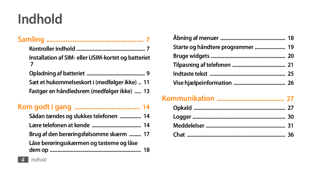 Samsung GT-S3370HSEXEE, GT-S3370DIENEE, GT-S3370HSENEE, GT-S3370CWENEE, GT-S3370DIEXEE, GT-S3370LSENEE manual Indhold, Samling 