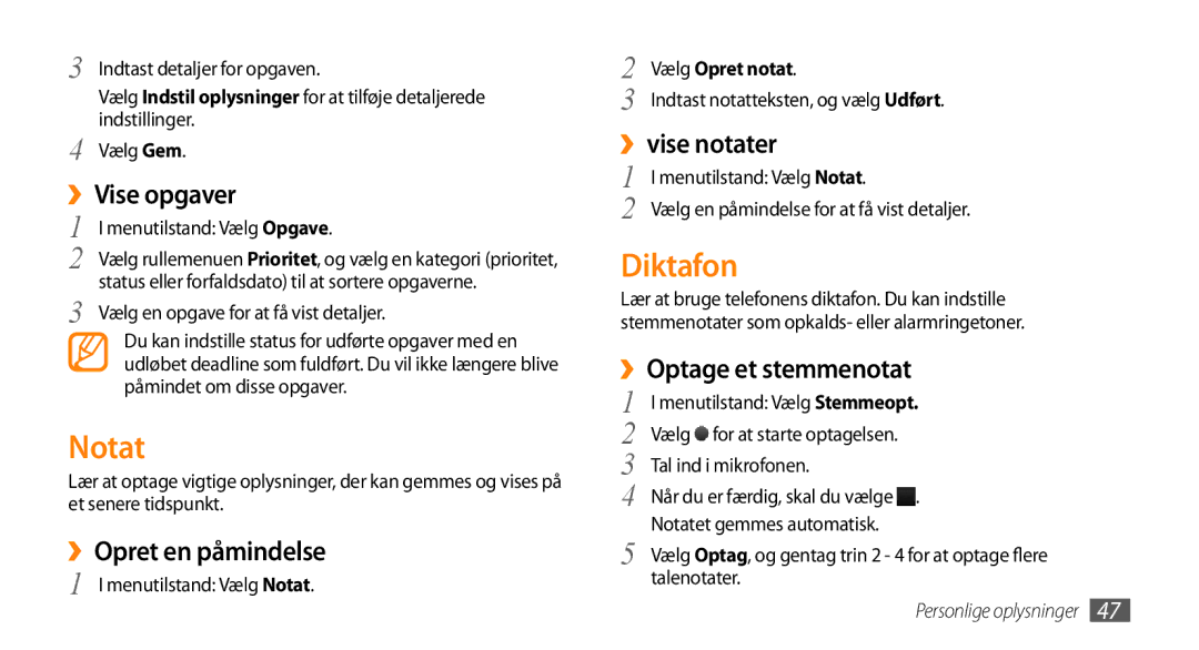 Samsung GT-S3370LSENEE, GT-S3370DIENEE, GT-S3370HSENEE, GT-S3370CWENEE, GT-S3370DIEXEE, GT-S3370HSEXEE manual Notat, Diktafon 