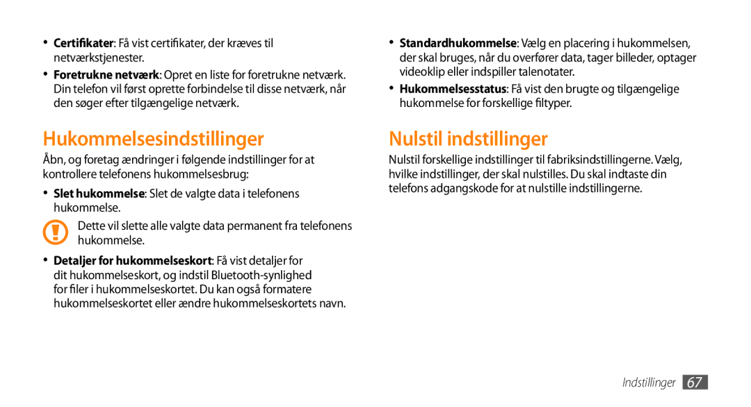 Samsung GT-S3370HSEXEE, GT-S3370DIENEE, GT-S3370HSENEE, GT-S3370CWENEE manual Hukommelsesindstillinger, Nulstil indstillinger 