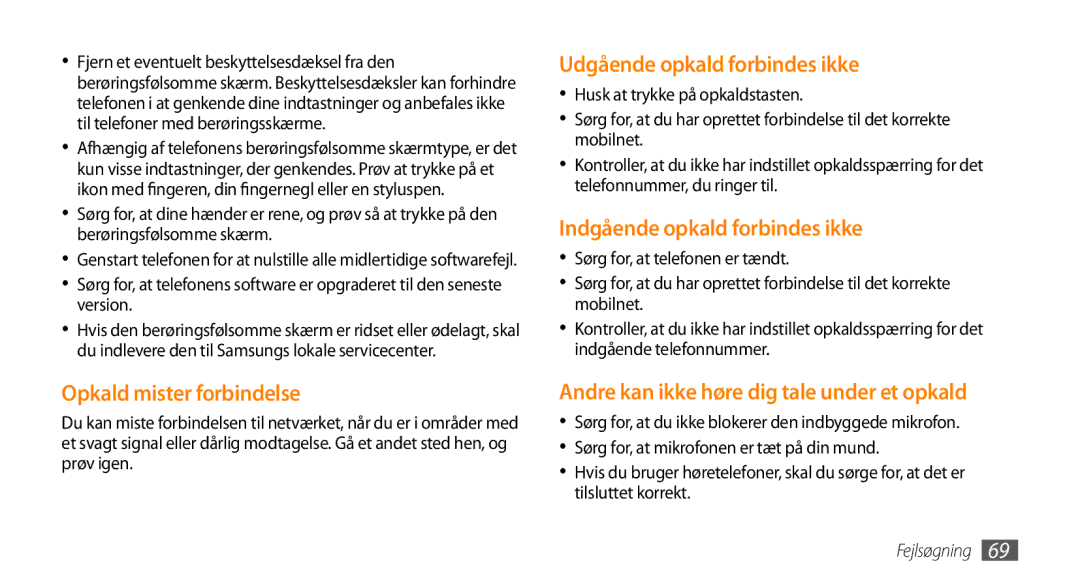 Samsung GT-S3370CWEXEE manual Opkald mister forbindelse, Udgående opkald forbindes ikke, Indgående opkald forbindes ikke 