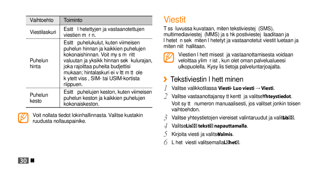 Samsung GT-S3370CWENEE, GT-S3370DIENEE manual Viestit, ››Tekstiviestin lähettäminen, Valitse Lisää tekstiä napauttamalla 