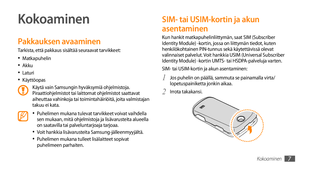 Samsung GT-S3370DIENEE manual Kokoaminen, Pakkauksen avaaminen, SIM- tai USIM-kortin ja akun asentaminen, Irrota takakansi 