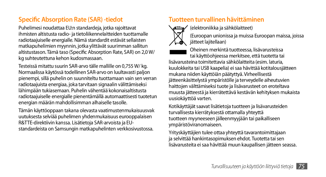 Samsung GT-S3370LSENEE, GT-S3370DIENEE manual Specific Absorption Rate SAR -tiedot, Tuotteen turvallinen hävittäminen 