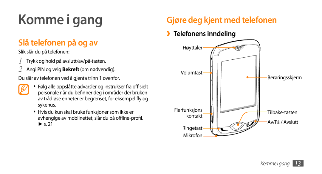 Samsung GT-S3370CWEXEE manual Komme i gang, Slå telefonen på og av, Gjøre deg kjent med telefonen, ››Telefonens inndeling 