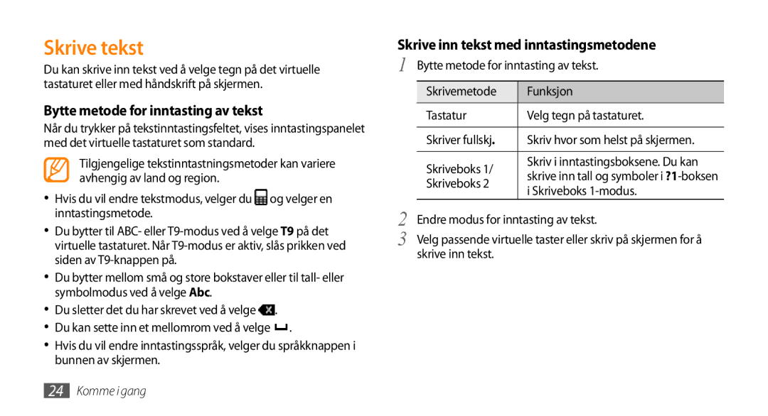 Samsung GT-S3370DIEXEE manual Skrive tekst, Bytte metode for inntasting av tekst, Skrive inn tekst med inntastingsmetodene 