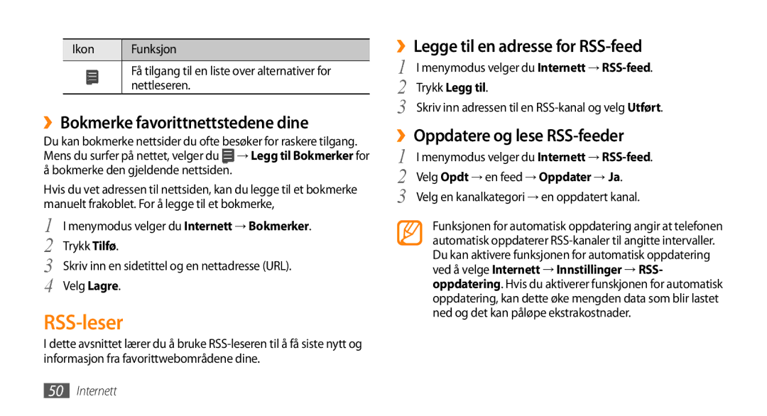 Samsung GT-S3370HSENEE, GT-S3370DIENEE RSS-leser, ››Bokmerke favorittnettstedene dine, ››Legge til en adresse for RSS-feed 