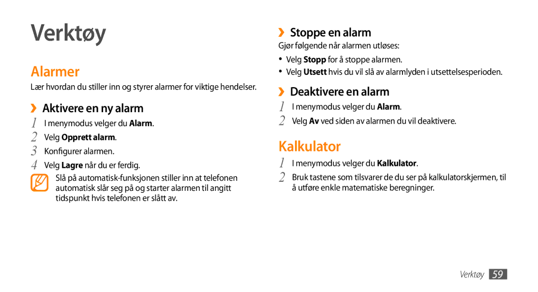 Samsung GT-S3370DIEXEE, GT-S3370DIENEE, GT-S3370HSENEE, GT-S3370CWENEE, GT-S3370HSEXEE manual Verktøy, Alarmer, Kalkulator 