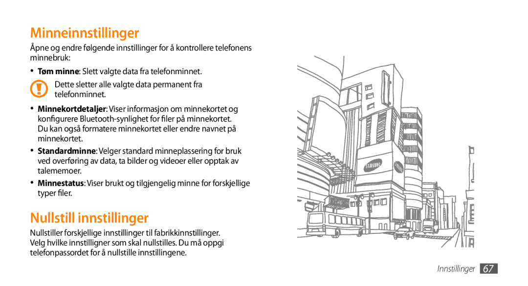 Samsung GT-S3370HSEXEE, GT-S3370DIENEE, GT-S3370HSENEE, GT-S3370CWENEE manual Minneinnstillinger, Nullstill innstillinger 