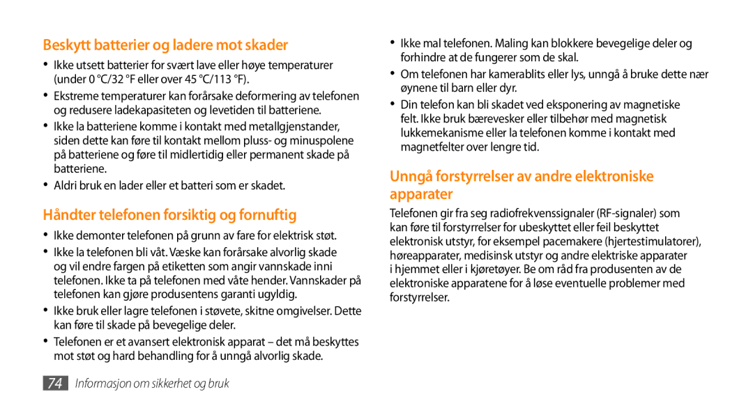 Samsung GT-S3370HSEXEE, GT-S3370DIENEE Beskytt batterier og ladere mot skader, Håndter telefonen forsiktig og fornuftig 