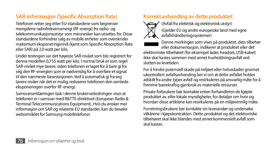 Samsung GT-S3370CWEXEE, GT-S3370DIENEE manual SAR-informasjon Specific Absorption Rate, Korrekt avhending av dette produktet 