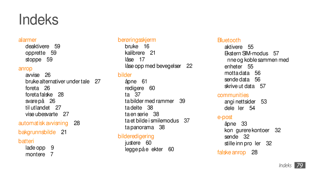 Samsung GT-S3370CWENEE, GT-S3370DIENEE, GT-S3370HSENEE, GT-S3370DIEXEE, GT-S3370HSEXEE, GT-S3370LSENEE manual Indeks, Anrop 