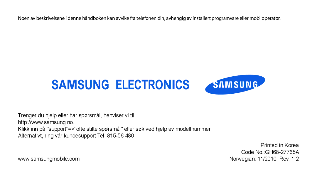 Samsung GT-S3370DIENEE, GT-S3370HSENEE, GT-S3370CWENEE, GT-S3370DIEXEE, GT-S3370HSEXEE, GT-S3370LSENEE Norwegian /2010. Rev 