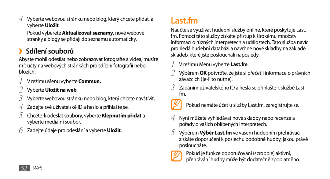 Samsung GT-S3370HSAO2C manual Last.fm, ››Sdílení souborů, Vyberte Uložit na web, 52 Web 