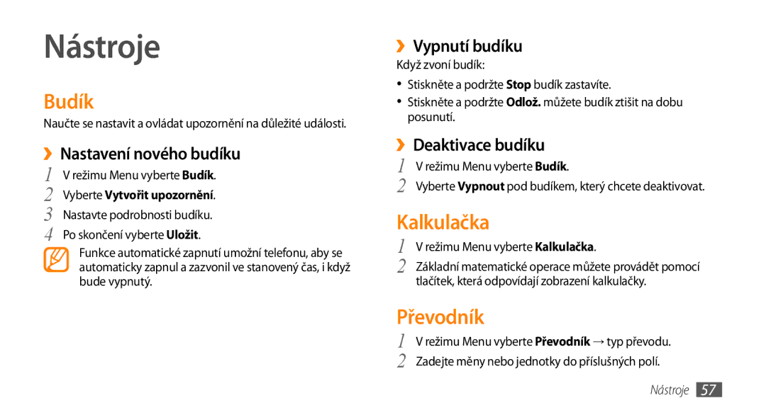 Samsung GT-S3370HSAO2C manual Nástroje, Budík, Kalkulačka, Převodník 