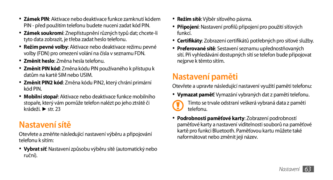 Samsung GT-S3370HSAO2C manual Nastavení sítě, Nastavení paměti 