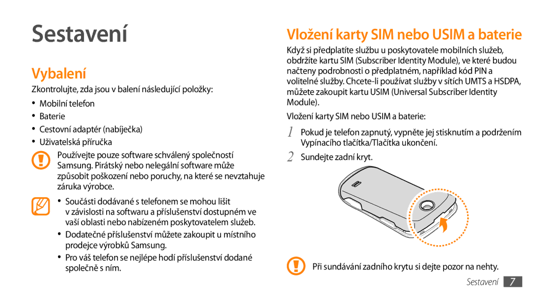 Samsung GT-S3370HSAO2C manual Sestavení, Vybalení, Součásti dodávané s telefonem se mohou lišit 