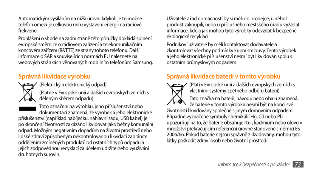 Samsung GT-S3370HSAO2C manual Správná likvidace výrobku, Správná likvidace baterií v tomto výrobku 