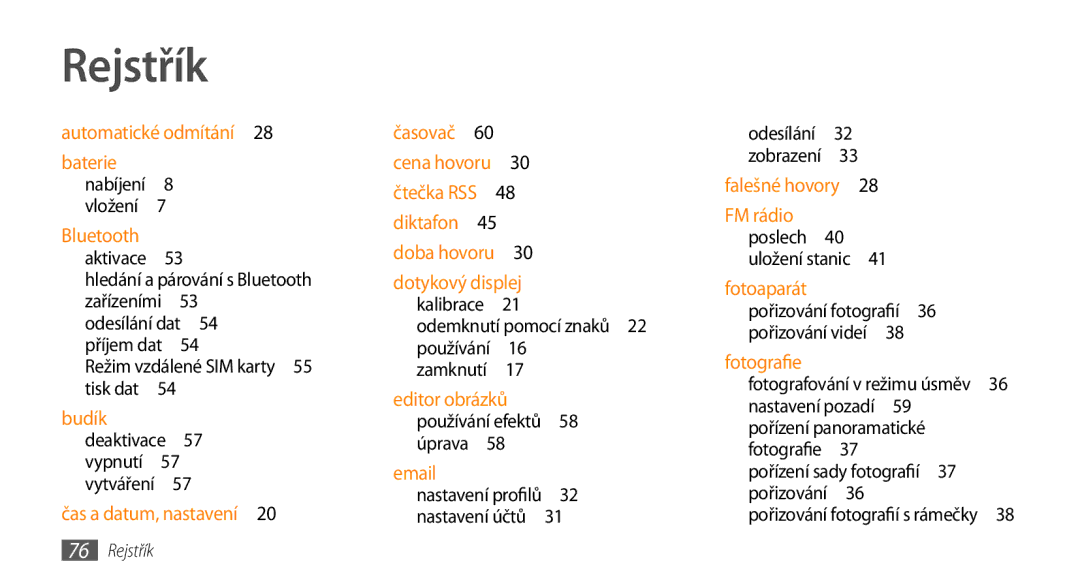 Samsung GT-S3370HSAO2C manual Rejstřík 