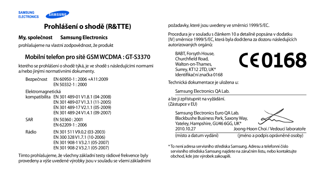 Samsung GT-S3370HSAO2C manual Prohlášení o shodě R&TTE, My, společnost Samsung Electronics 