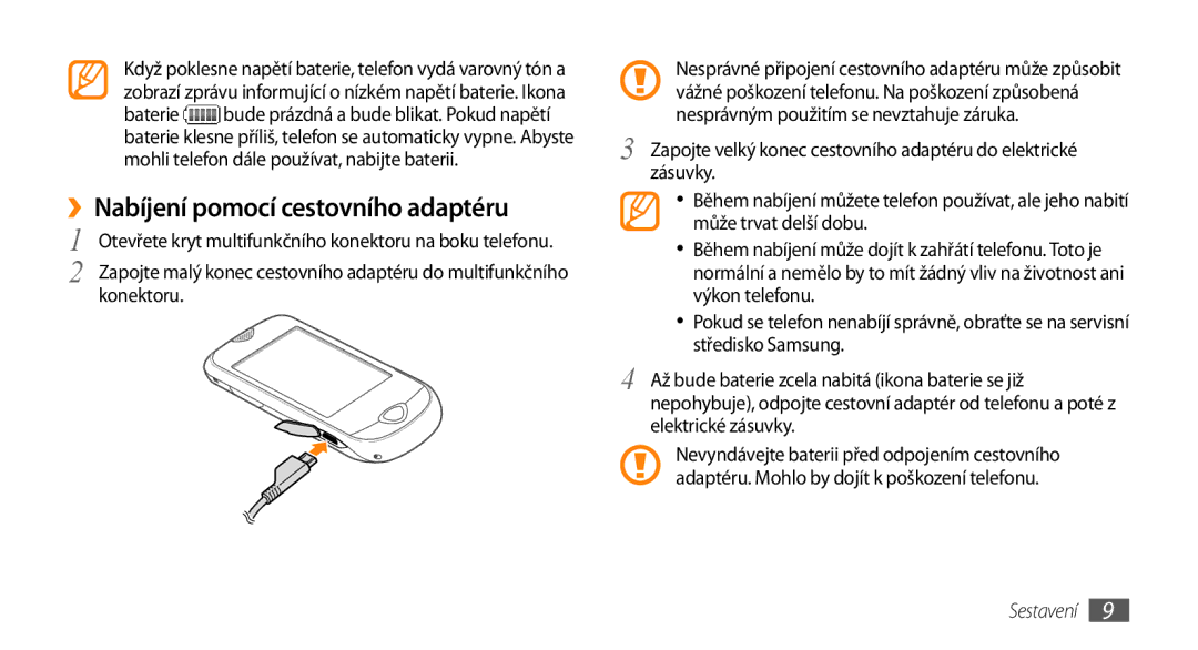 Samsung GT-S3370HSAO2C manual ››Nabíjení pomocí cestovního adaptéru, Konektoru 