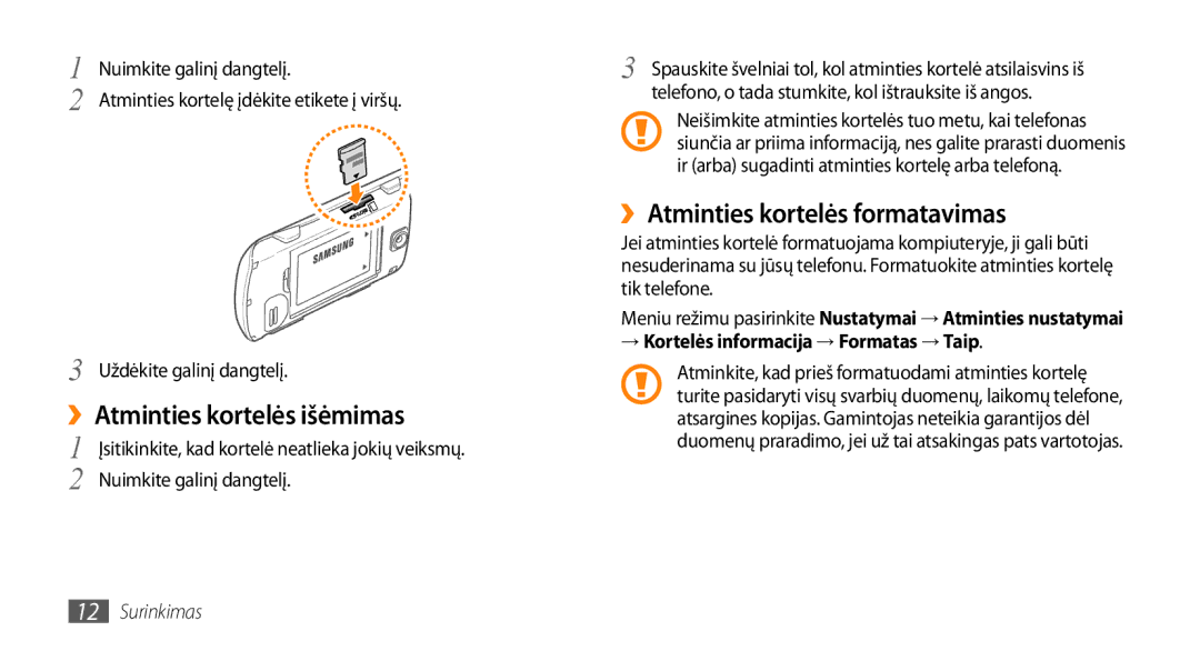 Samsung GT-S3370HSASEB manual ››Atminties kortelės formatavimas, → Kortelės informacija → Formatas → Taip 