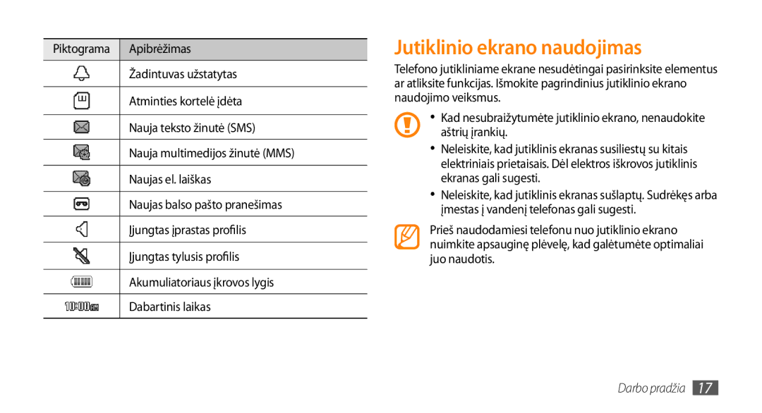 Samsung GT-S3370HSASEB manual Jutiklinio ekrano naudojimas 