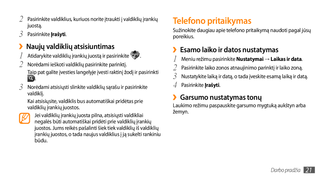 Samsung GT-S3370HSASEB manual Telefono pritaikymas, ››Naujų valdiklių atsisiuntimas, ››Esamo laiko ir datos nustatymas 