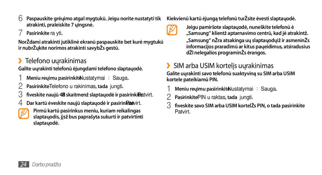 Samsung GT-S3370HSASEB manual ››Telefono užrakinimas, ››SIM arba Usim kortelės užrakinimas, Patvirt 