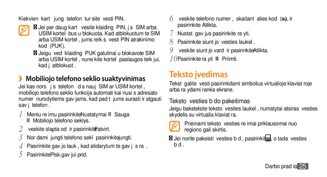 Samsung GT-S3370HSASEB manual Teksto įvedimas, ››Mobiliojo telefono seklio suaktyvinimas, Teksto įvesties būdo pakeitimas 