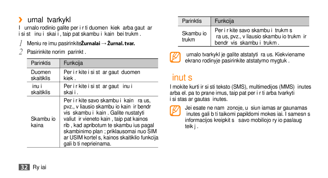 Samsung GT-S3370HSASEB manual Žinutės, ››Žurnalų tvarkyklė, 32 Ryšiai 