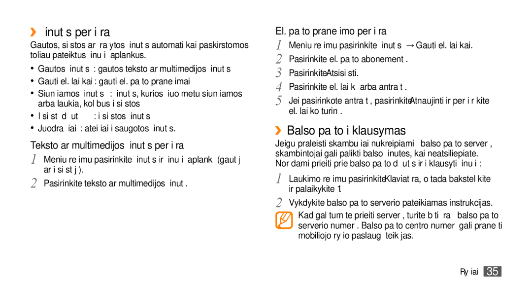 Samsung GT-S3370HSASEB manual ››Žinutės peržiūra, ››Balso pašto išklausymas, Teksto ar multimedijos žinutės peržiūra 