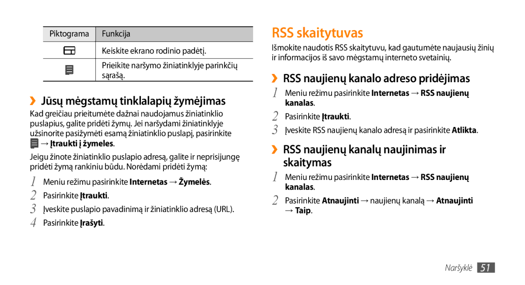 Samsung GT-S3370HSASEB RSS skaitytuvas, ››Jūsų mėgstamų tinklalapių žymėjimas, ››RSS naujienų kanalo adreso pridėjimas 