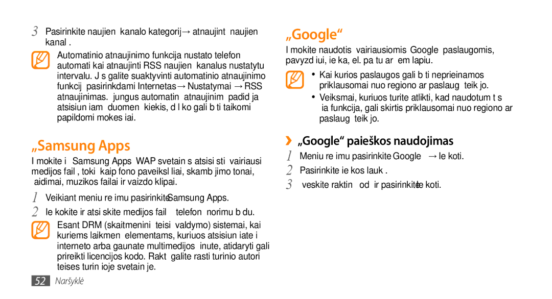 Samsung GT-S3370HSASEB manual „Samsung Apps, ››„Google paieškos naudojimas, 52 Naršyklė 