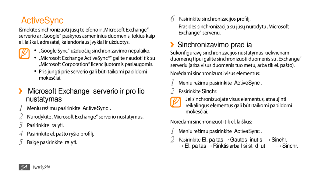 Samsung GT-S3370HSASEB manual „ActiveSync, ››„Microsoft Exchange serverio ir profilio nustatymas, 54 Naršyklė 