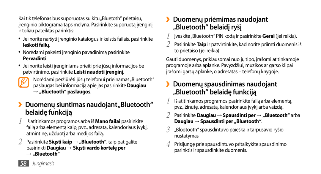 Samsung GT-S3370HSASEB manual ››Duomenų priėmimas naudojant „Bluetooth belaidį ryšį, Pervadinti, → „Bluetooth paslaugos 