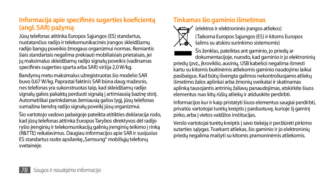 Samsung GT-S3370HSASEB manual Tinkamas šio gaminio išmetimas, Elektros ir elektroninės įrangos atliekos 