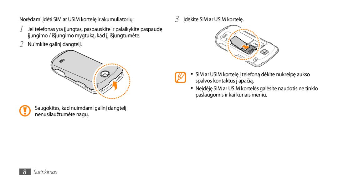 Samsung GT-S3370HSASEB manual Spalvos kontaktus į apačią, Paslaugomis ir kai kuriais meniu 