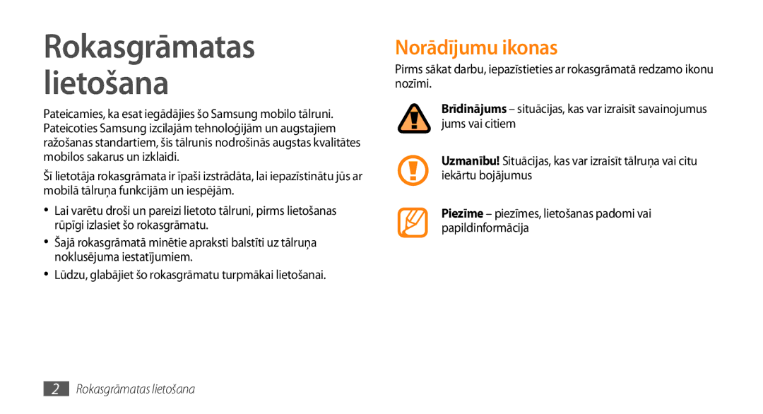 Samsung GT-S3370HSASEB manual Rokasgrāmatas Lietošana, Norādījumu ikonas 