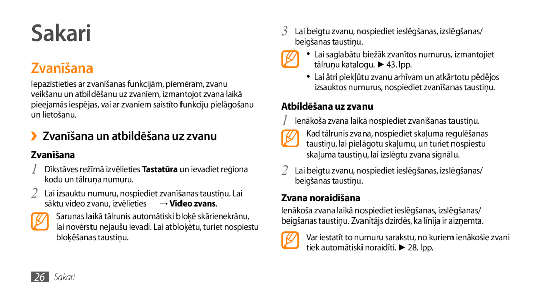 Samsung GT-S3370HSASEB manual Sakari, ››Zvanīšana un atbildēšana uz zvanu 