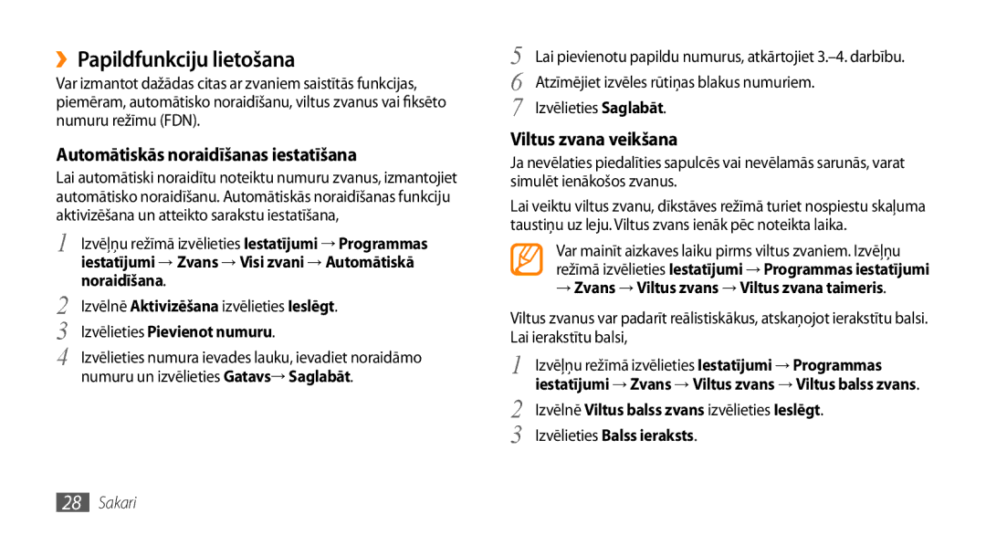 Samsung GT-S3370HSASEB manual ››Papildfunkciju lietošana, Automātiskās noraidīšanas iestatīšana, Viltus zvana veikšana 